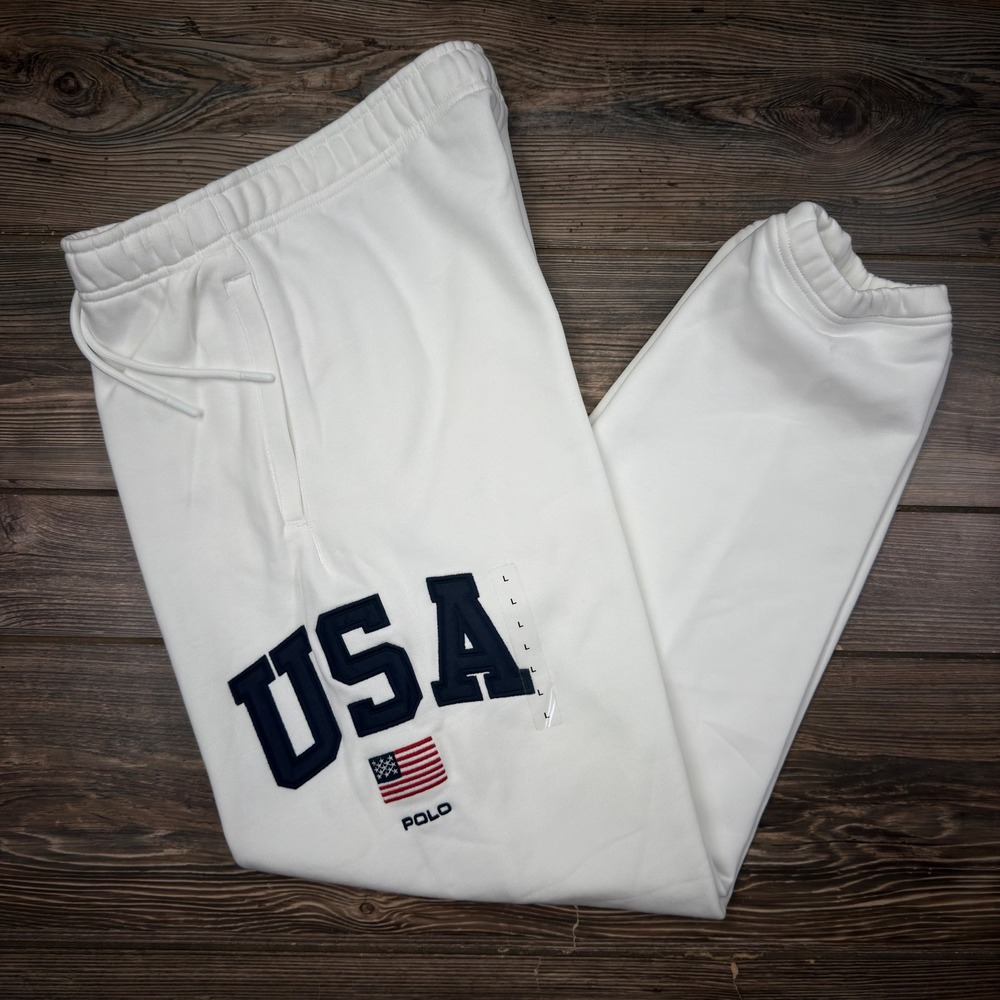 Polo Ralph Lauren Mens Size Large Sweatpants White USA Flag Fleece Joggers